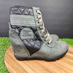 Sorel Lexie Boots Womens Green 6.5 Wedge Heel Lace Up Ankle Boots NL3375-026